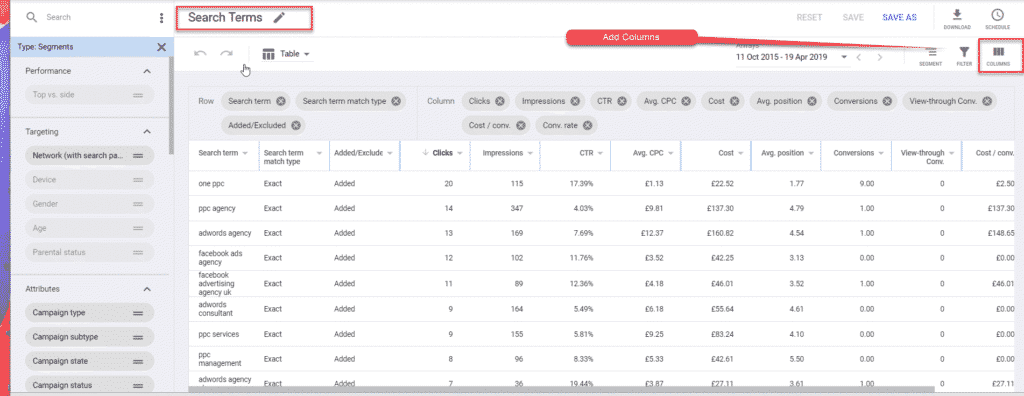 Add Columns Search Terms Report C