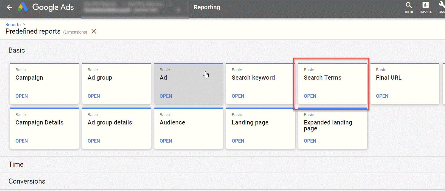 Search Terms Predefined Reports B