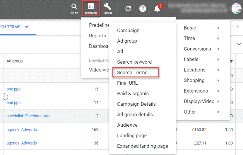 Standard Reports Access Search Terms A
