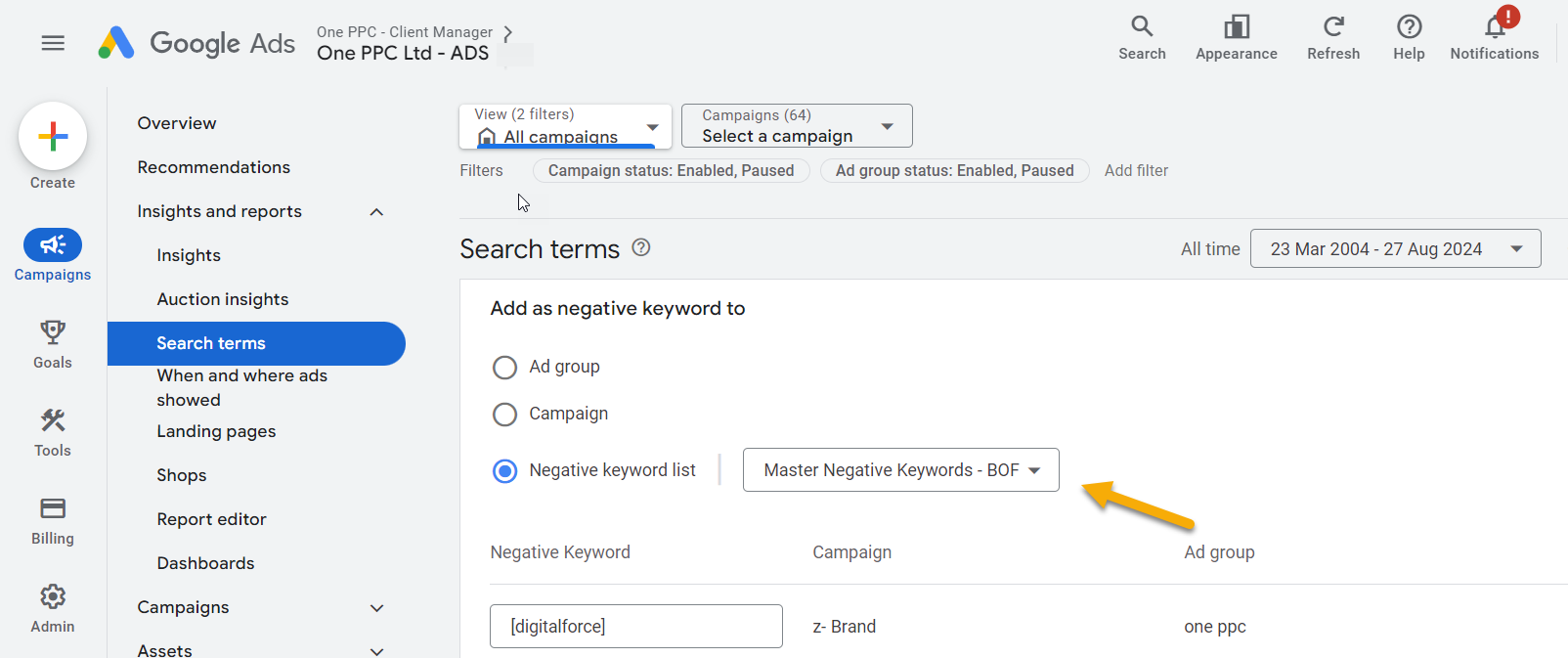 Add Negative Keyword To Negative List