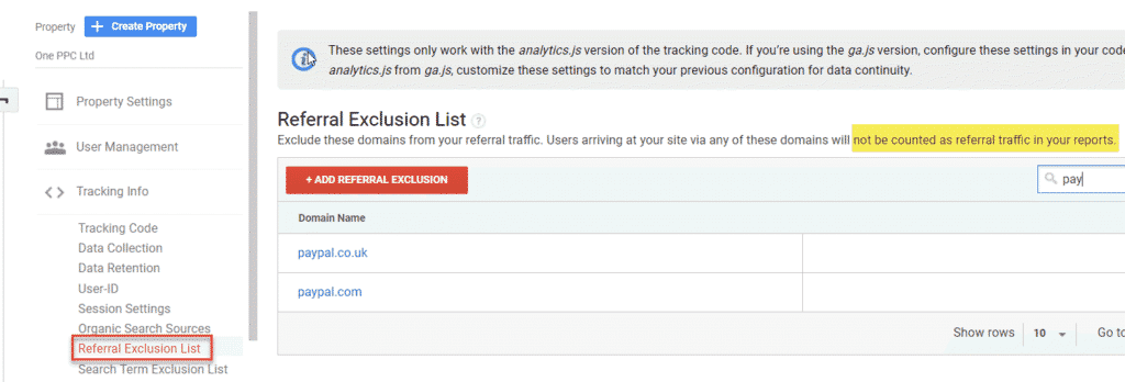 Paypal Referral Exclusions to not show as referral traffic Google Analytics