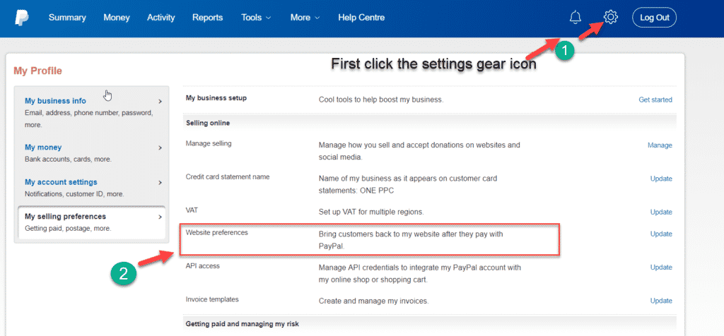 Paypal Settings seller preferences bring customers back to website auto return