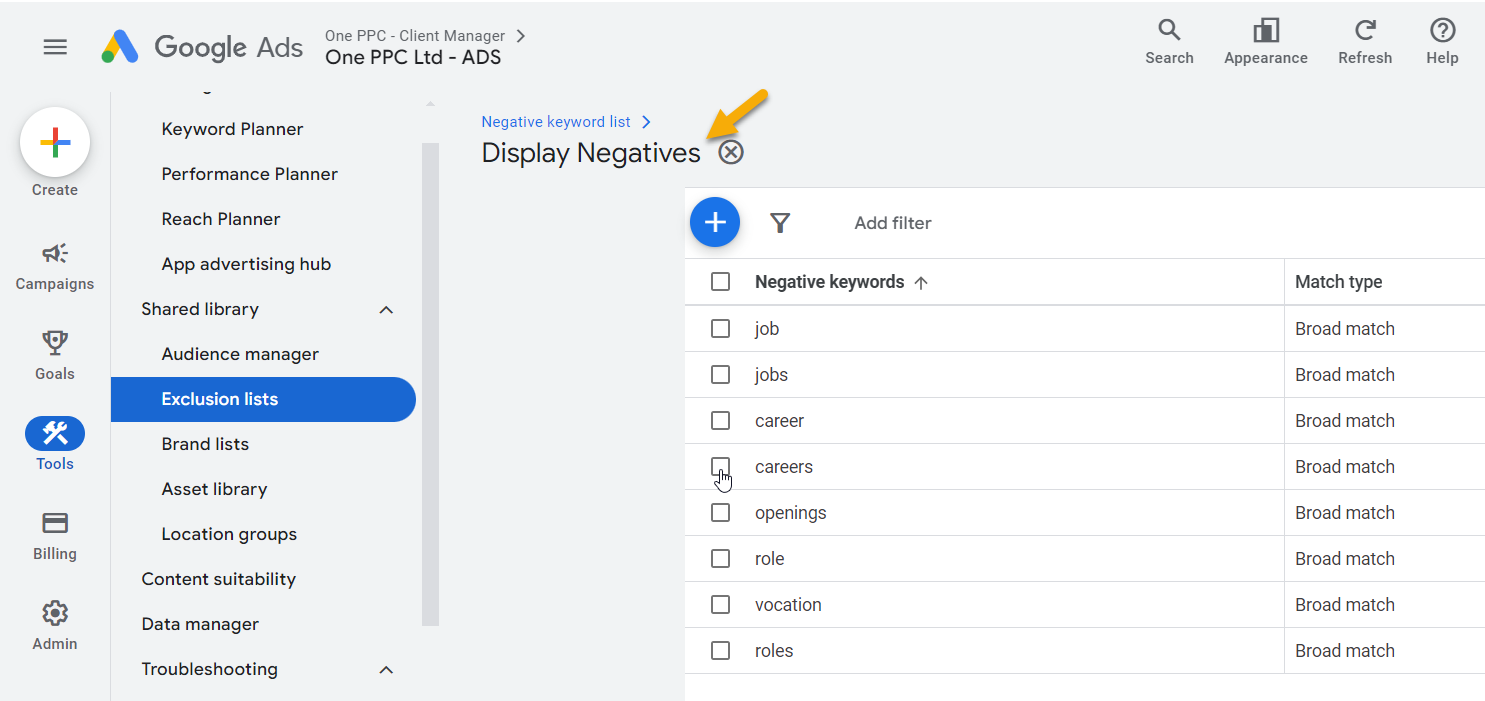 Google Ads Negative Keywords Exclusion Lists