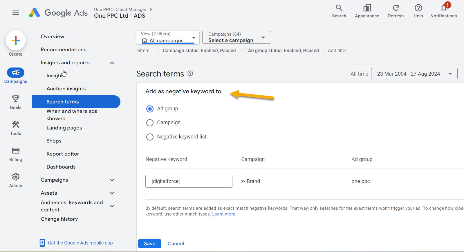 How To Add A Negative Keyword Ad Group Campaign Or Negative Keyword List