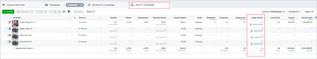 Form Type Facebook Lead Ads ad level 1