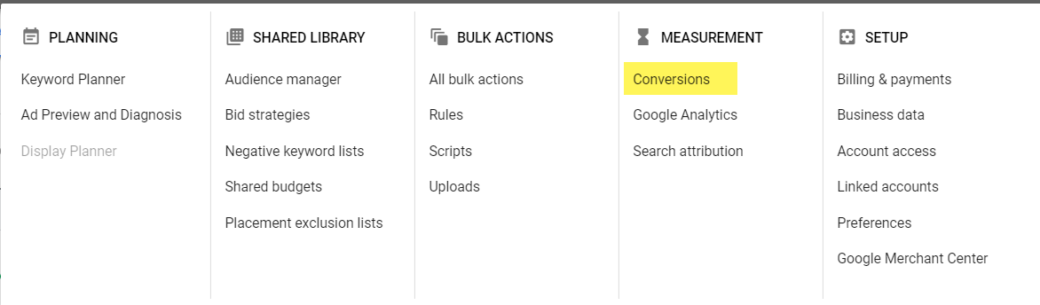 Conversions Area in Google Ads UI