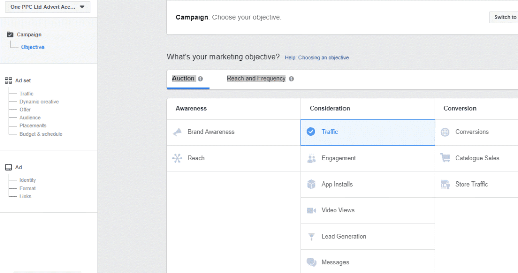 Facebook Ads Manager setup campaign objectives