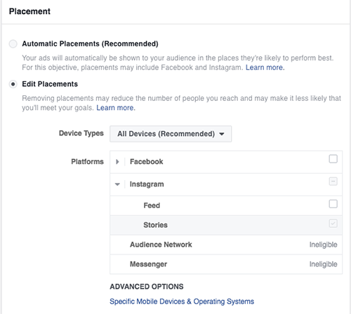 Facebook Ads manager Placements