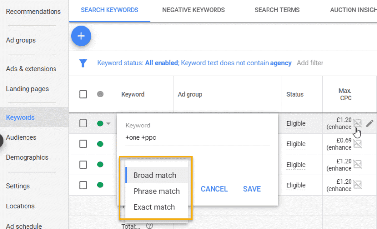 Google AdWords Tips Match Type