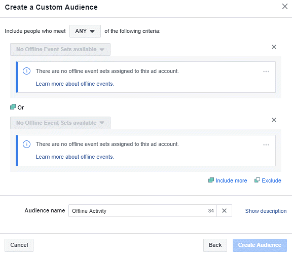 Offline Activity Facebook custom audiences
