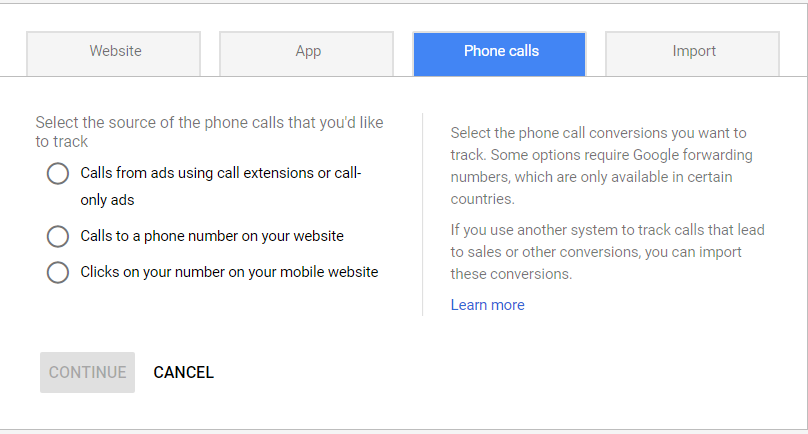 Phone Calls Conversions google