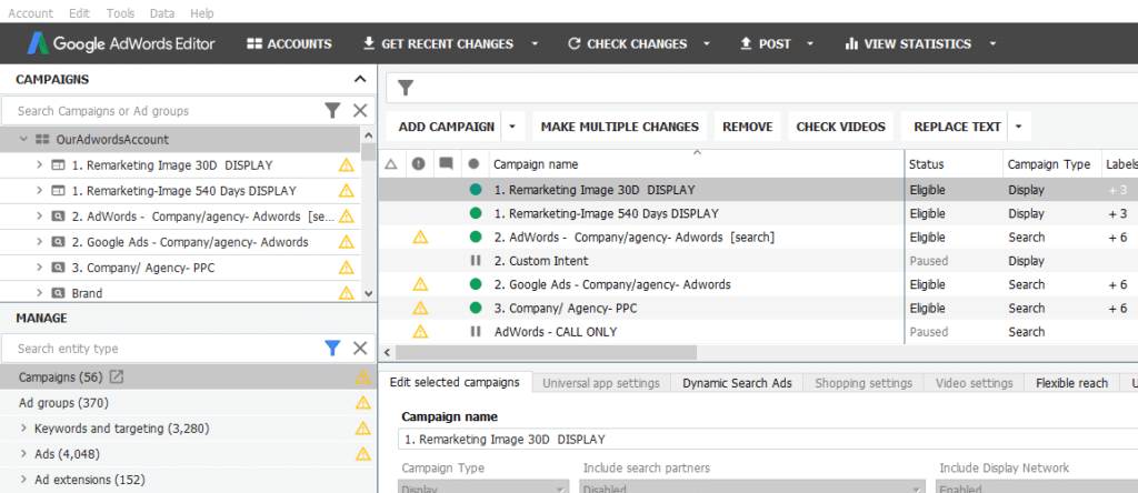 Adwords Editor All Campaigns View