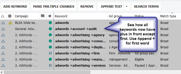 Google Ads Editor keyword match type plus sign append