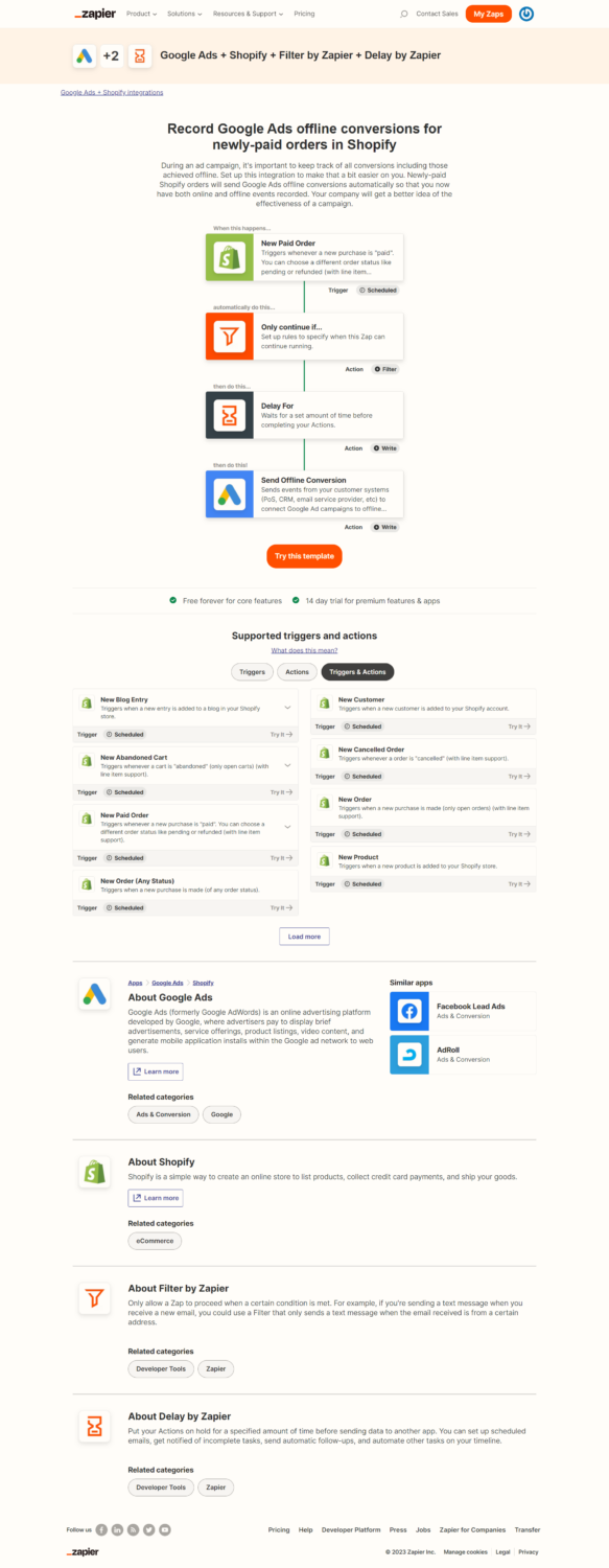 Screencapture Zapier Apps Google Ads Integrations Shopify Record Google Ads Offline Conversions For Newly Paid Orders In Shopify