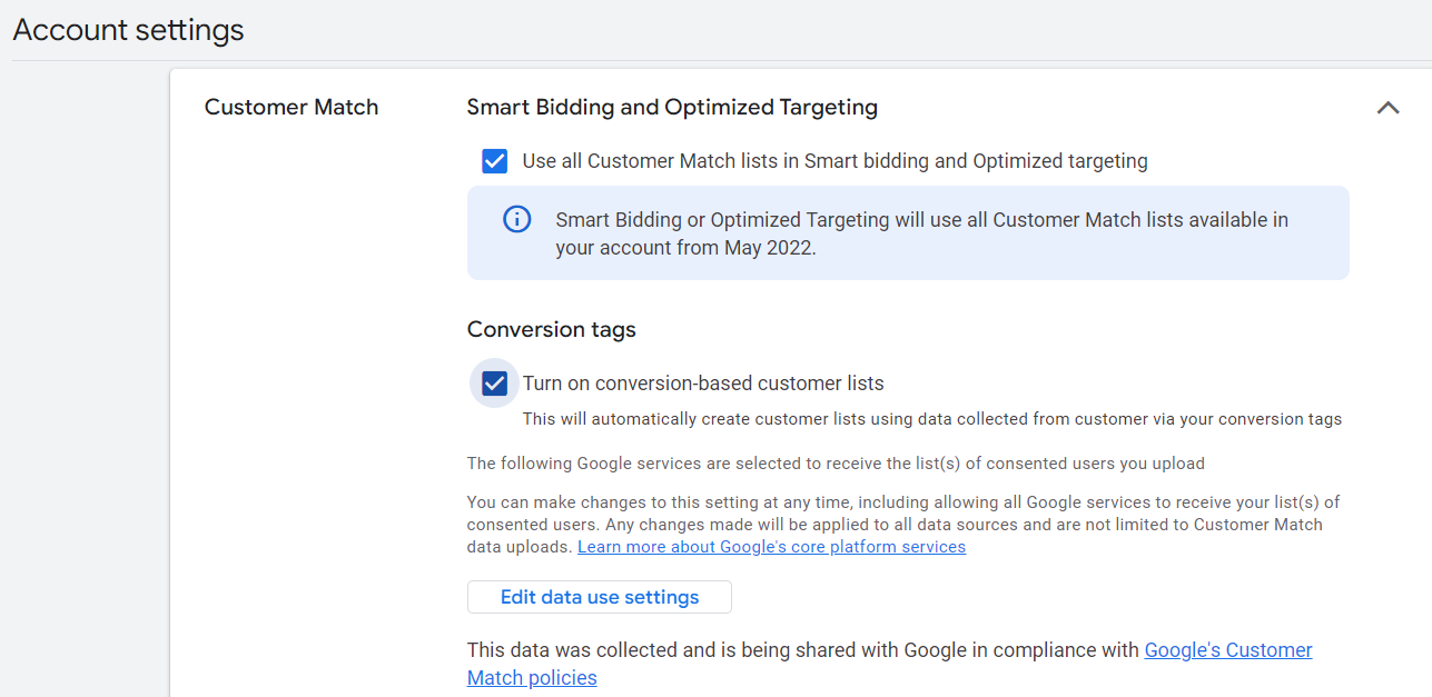 Customer Match Account Settings Google Ads