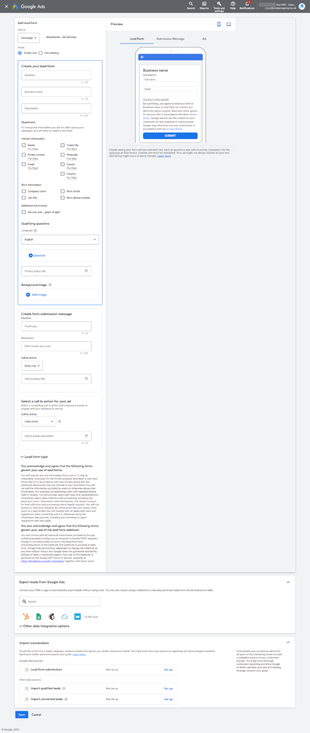 Google Ads Lead Form Full Page Screenshot
