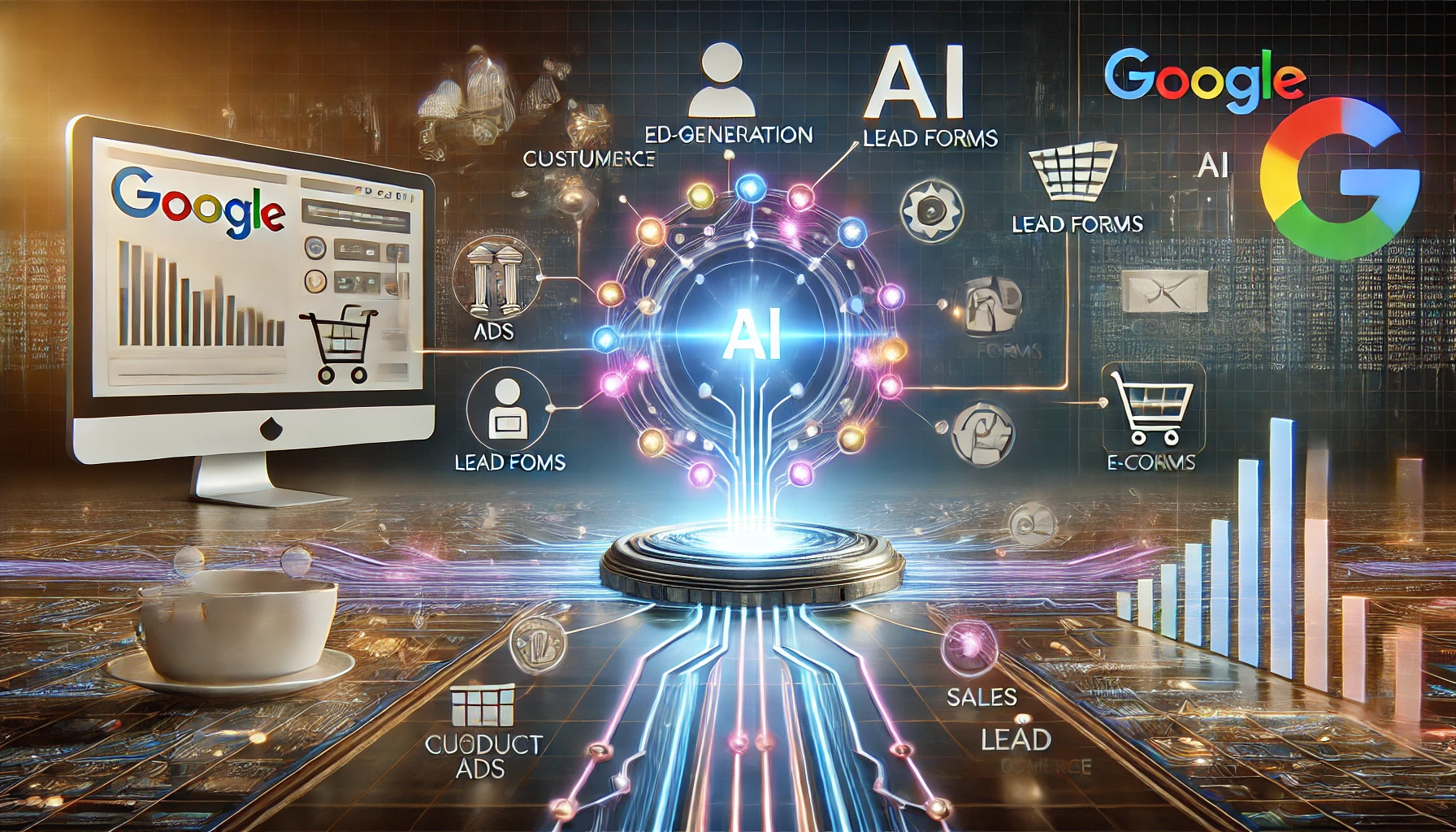 A Futuristic Landscape Showcasing Google'S Ai System, Focused On Lead Generation And E-Commerce. The Scene Features A High-Tech Control Panel Surround