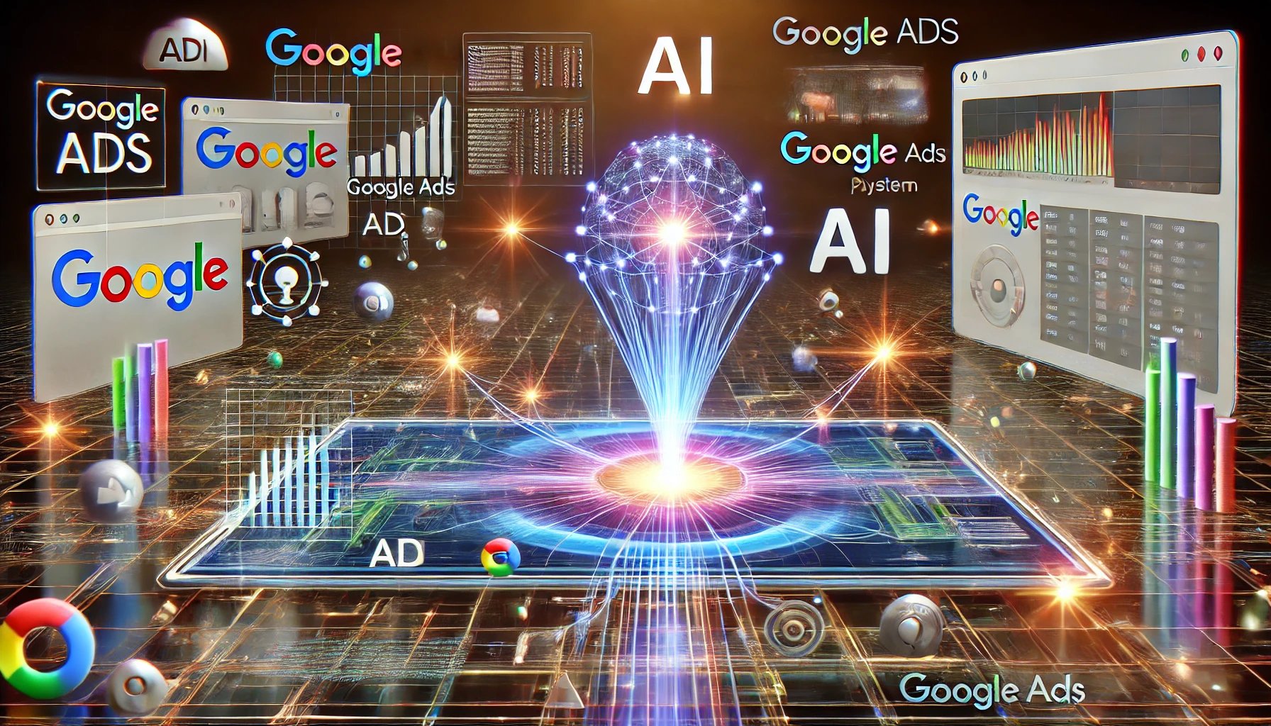 Aaa Futuristic Landscape Featuring Google'S Ai System Integrated Into Its Google Ads Platform. In The Scene, Abstract Data Streams Flow Around A Sleek,