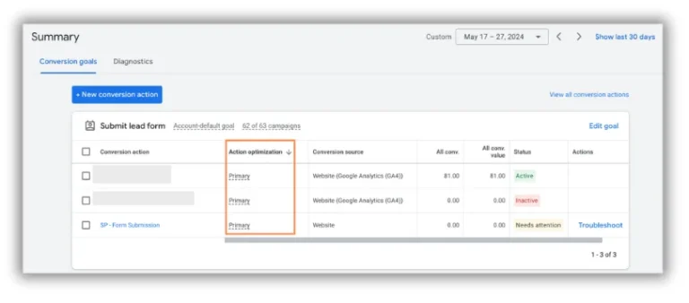 primary secondary conversion types optimisation google ads