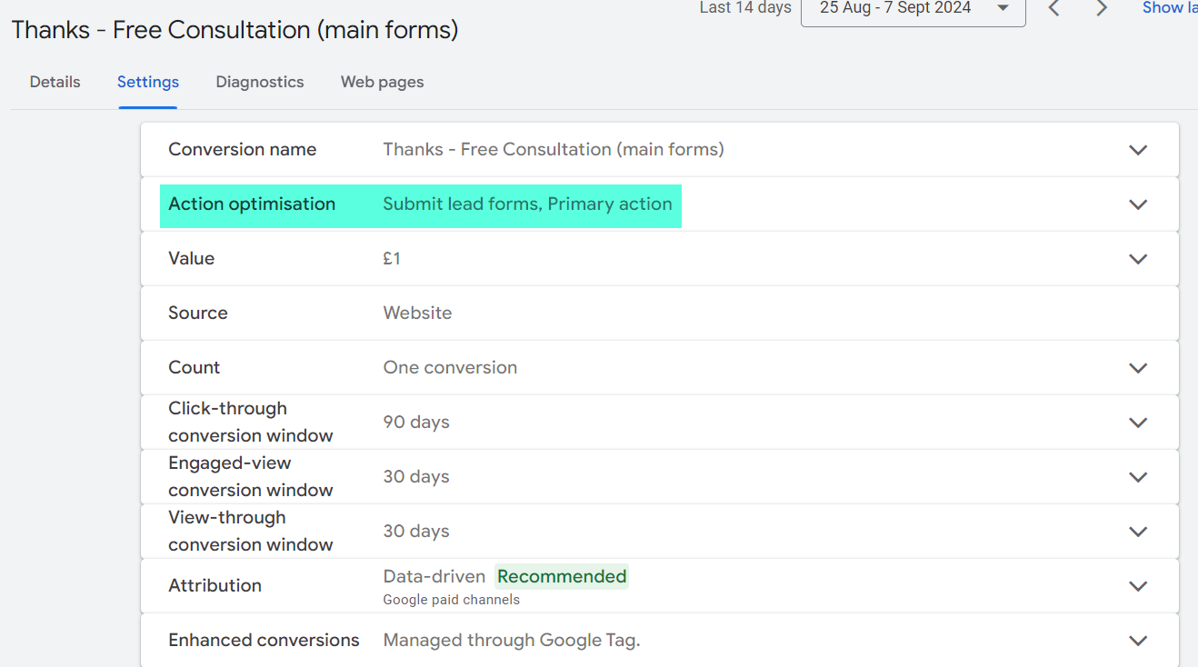 Secondary Primary Conversions Settings