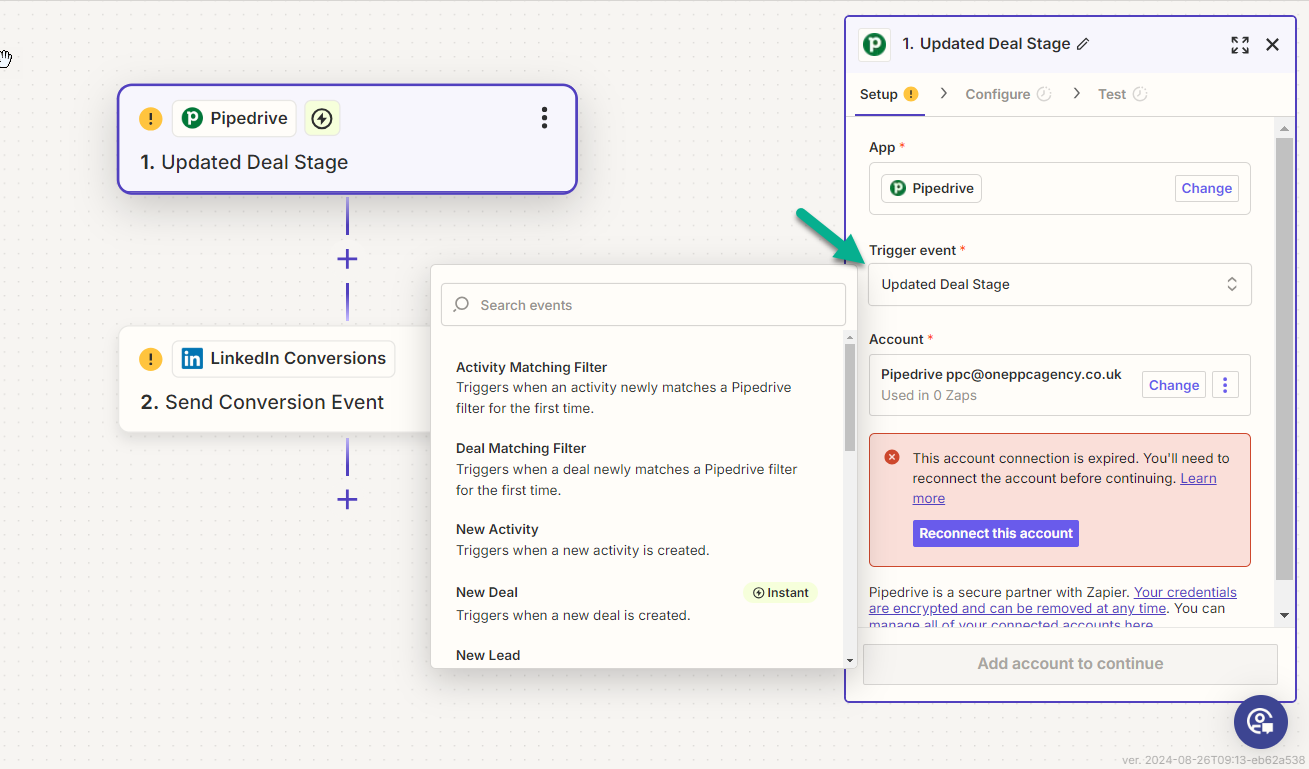 Trigger Conversion Event Zapier Linekdin Ads Pipedrive