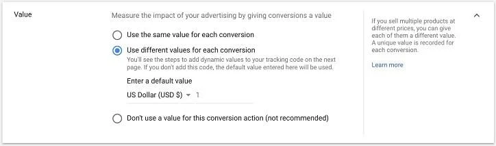 Conversion Value Setting Setup Conversion Tracking